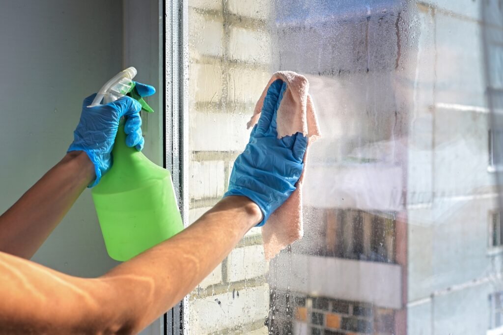 the girl in gloves washes the window